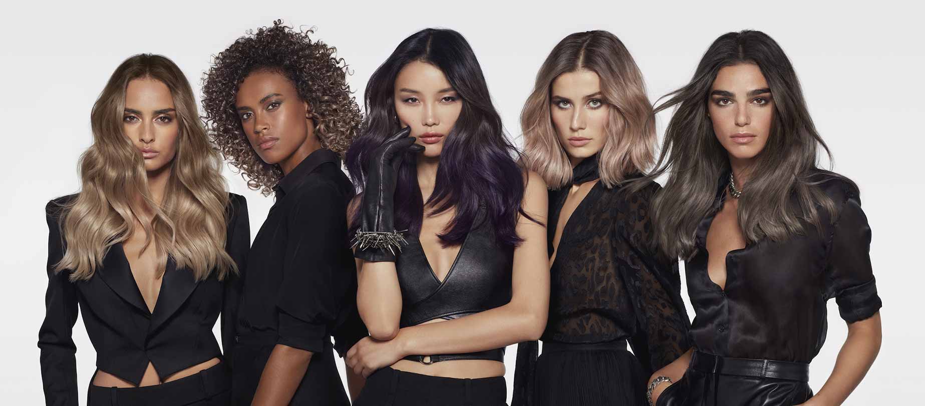 Cinco chicas de diferente estilo de cabello con la técnica de coloración smoky hair