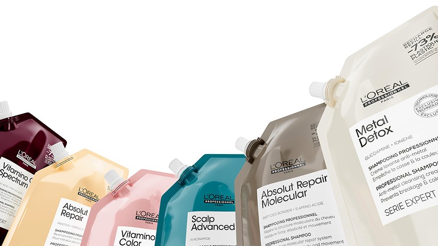Presentación de los productos imprescindibles para el cuidado del cabello de L’Oréal en formato recargable, destacando los productos esenciales para una rutina capilar completa y perfecta.