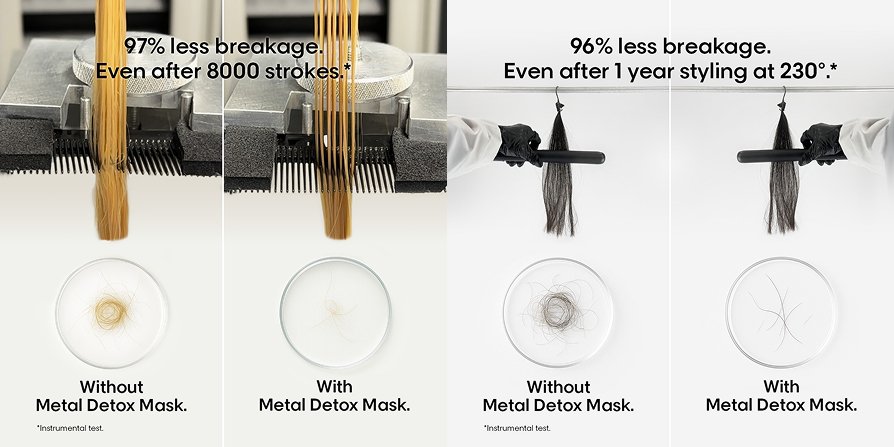 Comparación del cabello con y sin la mascarilla capilar Metal Detox de L’Oréal: 97 % menos de rotura en una prueba con peine para un cabello más fuerte y saludable.