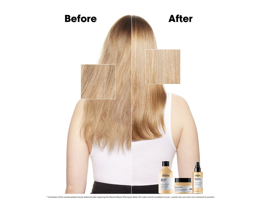 Antes y después del cabello largo y rubio de una mujer tras usar la mascarilla Absolut Repair y el aceite reparador para conseguir un resultado visiblemente más suave y brillante.