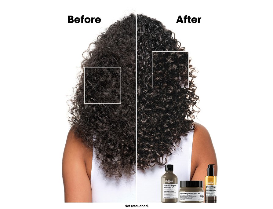 Antes y después del cabello rizado de una mujer castaña tras usar la mascarilla molecular Absolut Repair y aceite bifásico para conseguir rizos brillantes y definidos.