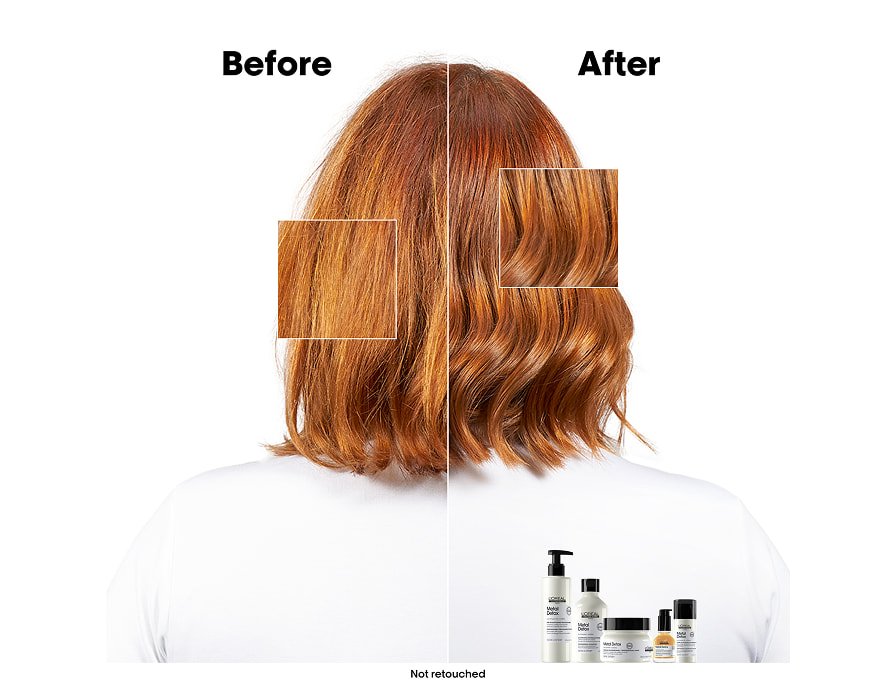 Antes y después del tratamiento del cabello corto teñido de una mujer con la mascarilla Metal Detox y una rutina completa de cuidado capilar para obtener resultados más suaves y brillantes.
