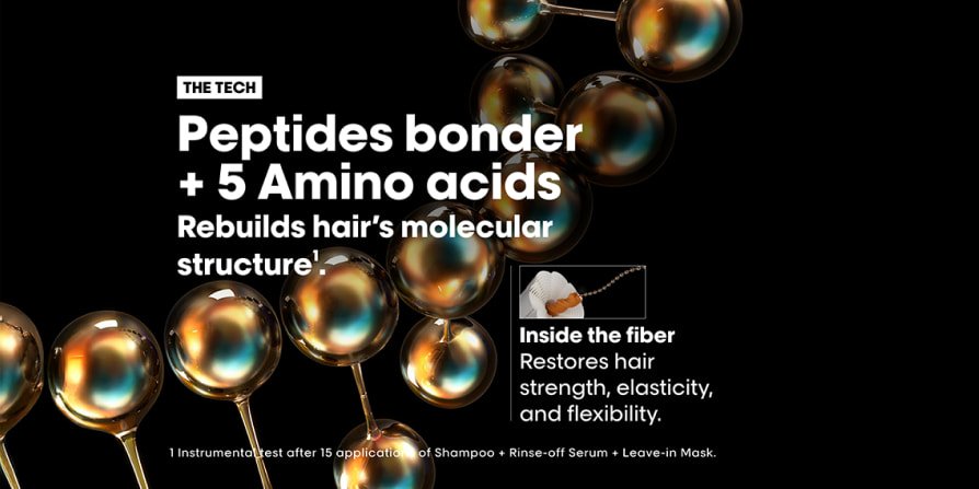 Estructura similar al ADN que ilustra los enlaces peptídicos y los aminoácidos que reconstruyen la estructura molecular del cabello, reforzando las fibras para un cabello más fuerte y saludable.