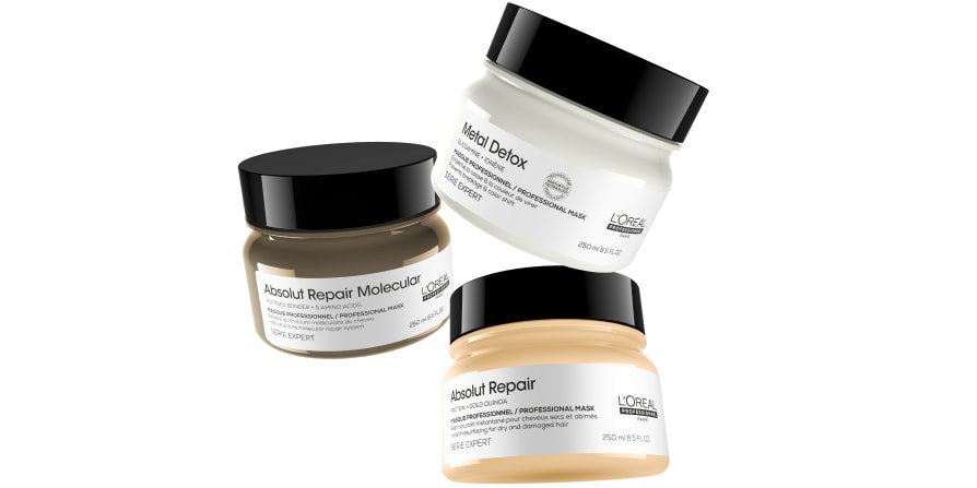 La gama de mascarillas capilares de L’Oréal se presenta en conjunto, destacando el cuidado específico que repara visiblemente el cabello dañado y ayuda a reducir las puntas abiertas.