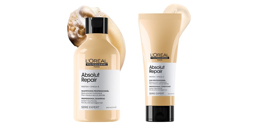 La gama Absolut Repair incluye champú y acondicionador, destacando la importancia de elegir los productos adecuados para una rutina de cuidado del cabello seco y dañado.