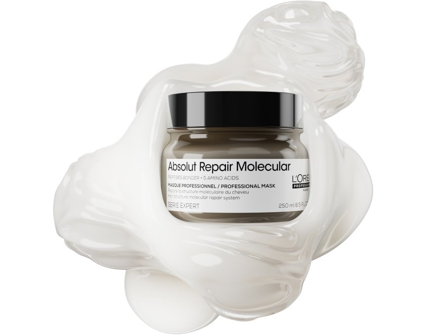 Imagen del producto: mascarilla capilar L’Oréal Professionnel Absolut Repair Molecular sobre un fondo texturizado, que resalta su complejo de péptidos para restaurar el cabello dañado.