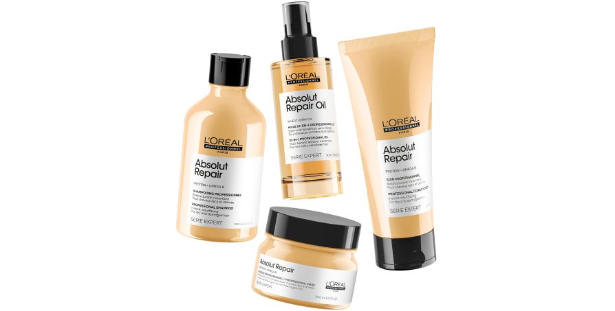 Rutina de cuidado capilar hidratante para cabello seco con champú, acondicionador, mascarilla y aceite Absolut Repair para restaurar la suavidad, la fuerza y el brillo.