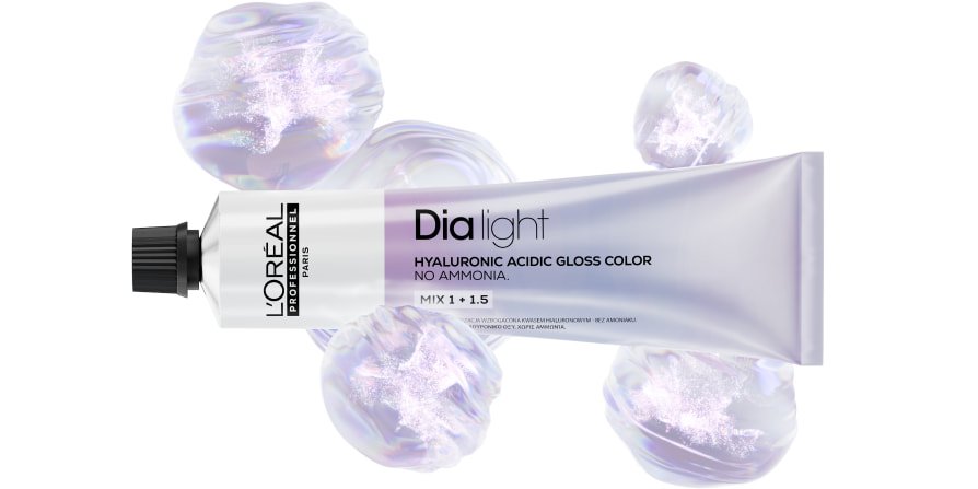 Imagen del producto Dialight que destaca el ácido hialurónico como ingrediente clave para ayudar a prevenir la sequedad del cabello, aumentar la hidratación y mejorar la suavidad y el brillo.