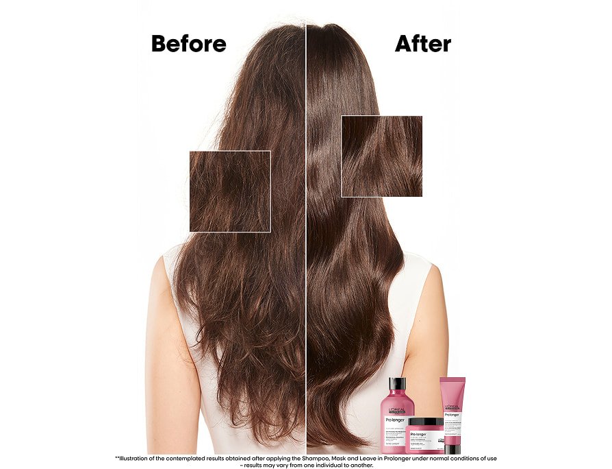 Antes y después, centrándonos en las puntas abiertas del cabello largo castaño, destacando los resultados de una rutina de cuidado capilar específica para conseguir un cabello más sano.