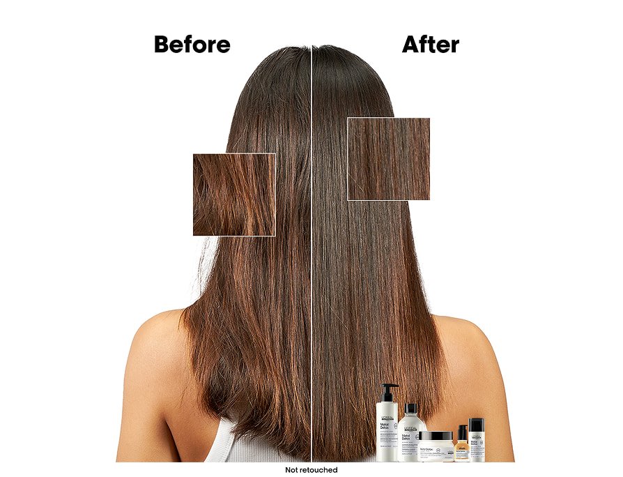 Antes y después, centrándonos en las puntas abiertas del cabello largo castaño, destacando los resultados de una rutina de cuidado capilar específica para conseguir un cabello más sano.