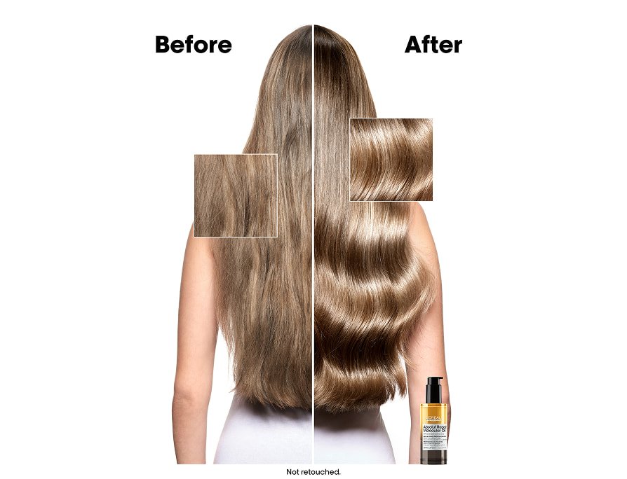 Antes y después de cabellos largos y rubios usando un cuidado capilar bifásico molecular, mostrando longitudes protegidas y puntas abiertas reducidas con un brillo más suave.