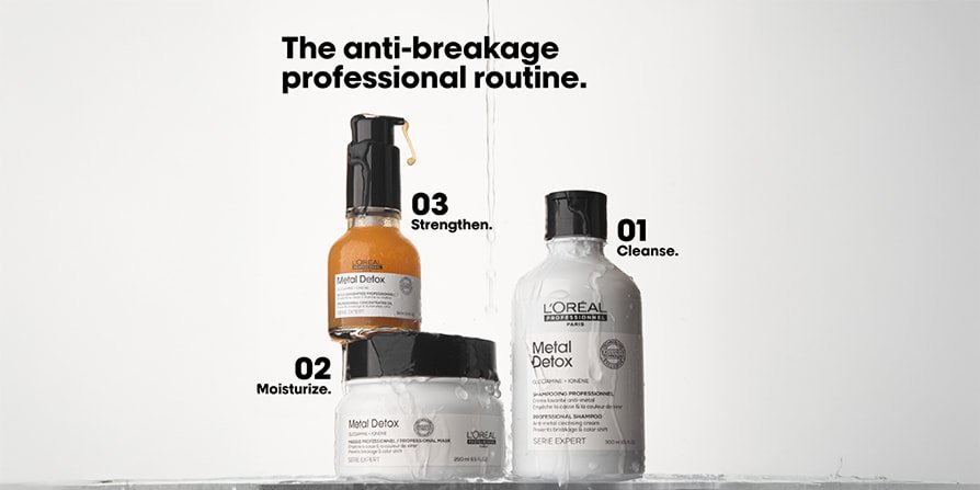 Rutina profesional de cuidado capilar anti-rotura de L’Oréal con la gama Metal Detox, que incluye champú, mascarilla y sérum para un cabello más fuerte.