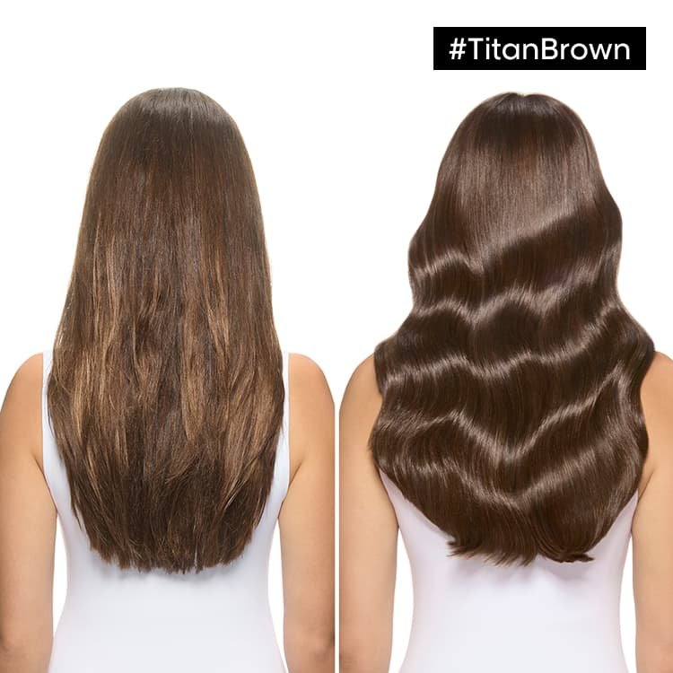 Antes y después del cabello brillante de una mujer, perfectamente a la moda con tonos moka tras la aplicación de Titan Brown de L’Oréal Professionnel.