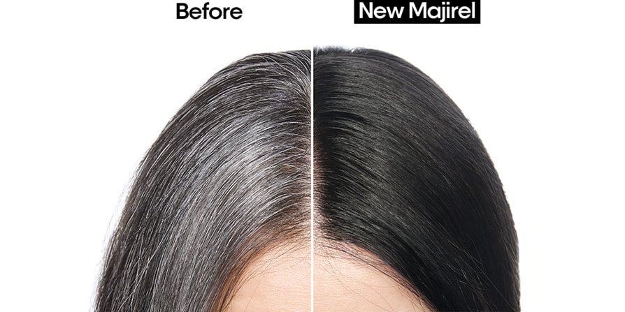 Antes y después del cabello de una mujer tratado con Majirel Color, mostrando una cobertura eficaz de las canas y resultados vibrantes y de aspecto saludable.