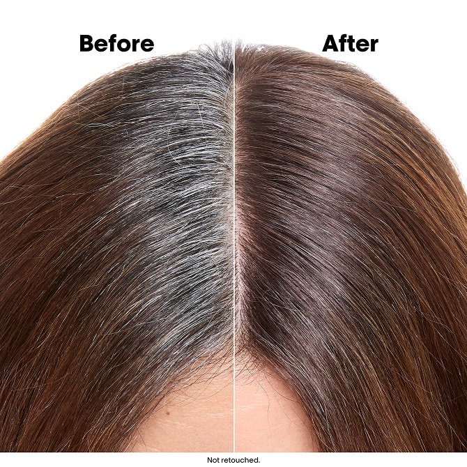 Antes y después del cabello de una mujer tratado con Majirel Color, mostrando una cobertura eficaz de las canas y resultados vibrantes y de aspecto saludable.