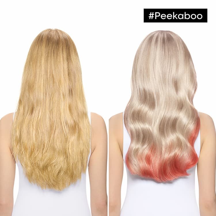 Antes y después del cabello de una mujer utilizando el tono Mermaid Peekaboo de L’Oréal para revelar un color oculto y lograr un efecto de contraste vívido.