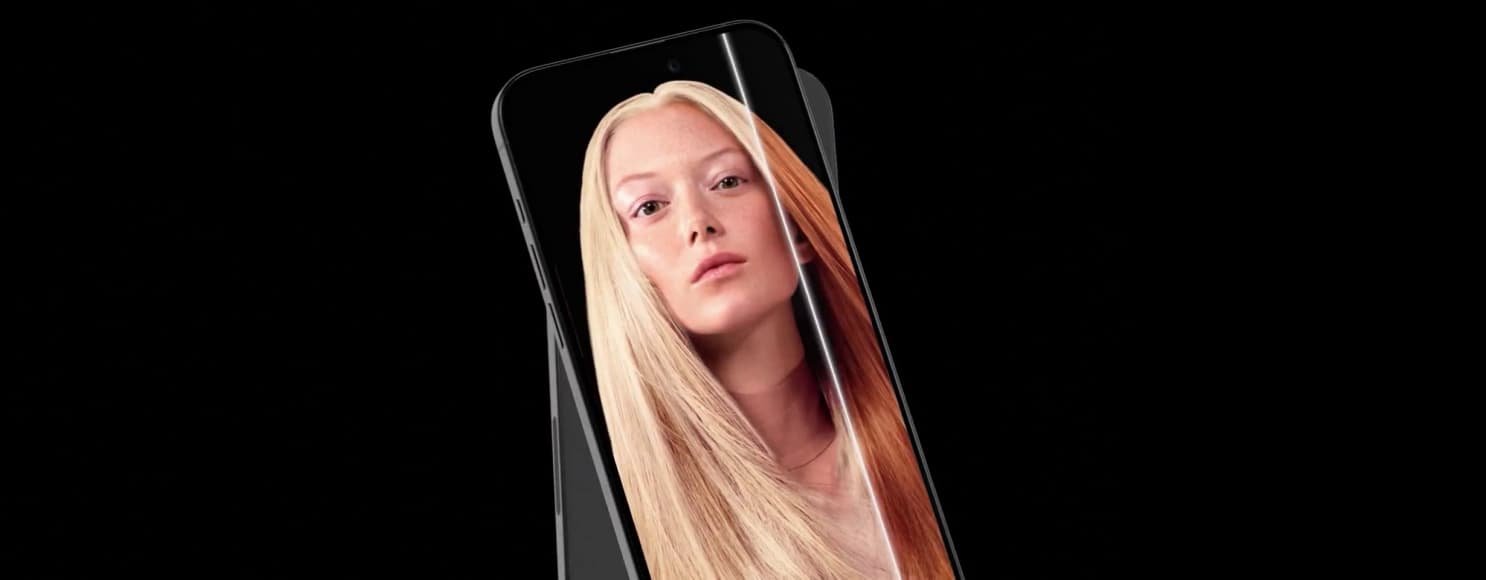 Pantalla móvil que muestra cómo funciona la herramienta de prueba virtual de L’Oréal Professionnel para ayudar a los usuarios a experimentar con diferentes tonos de color de cabello.
